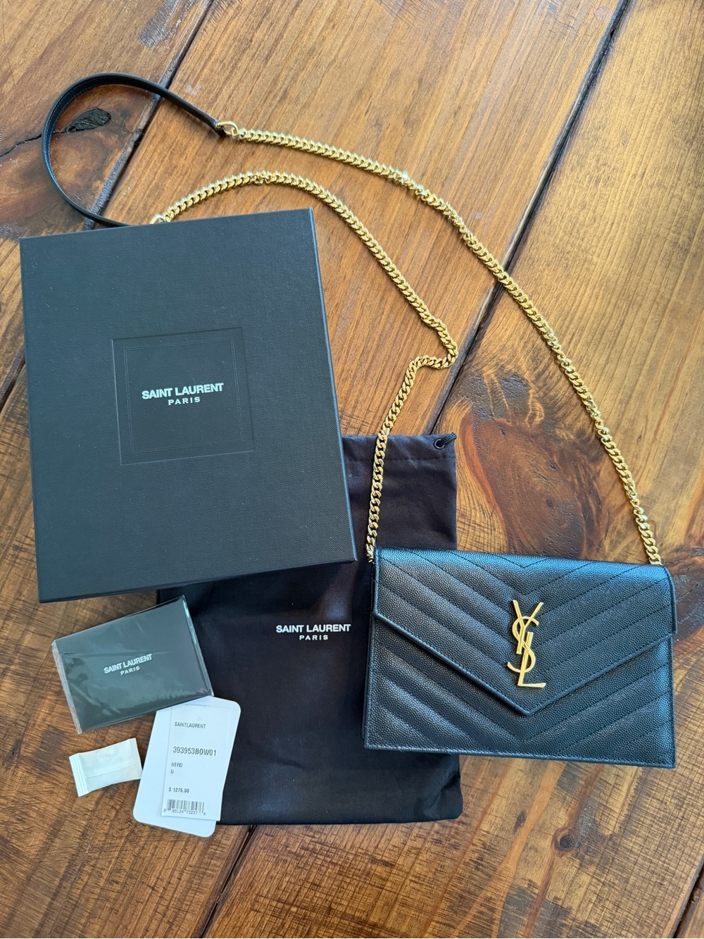 Saint Laurent Black Quilted Leather Crossbody Wallet on Chain Gold YSL Logo
